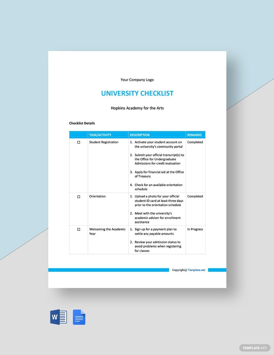 Free Blank University Checklist Template
