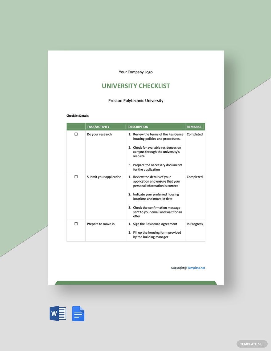 Simple University Checklist Template