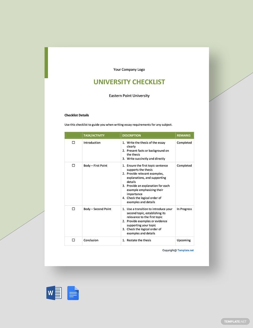 Free Sample University Checklist Template
