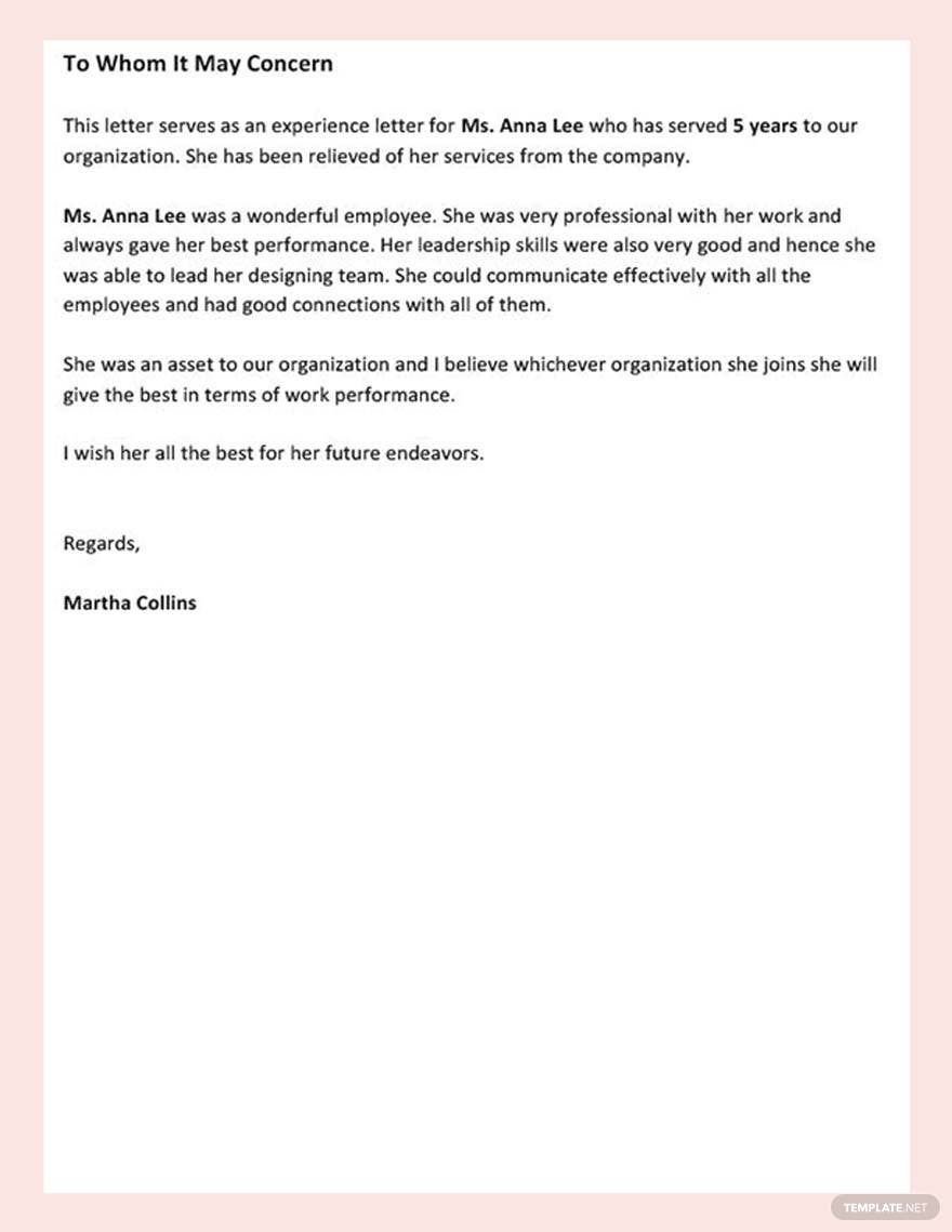 Experience Letter for Employee Template