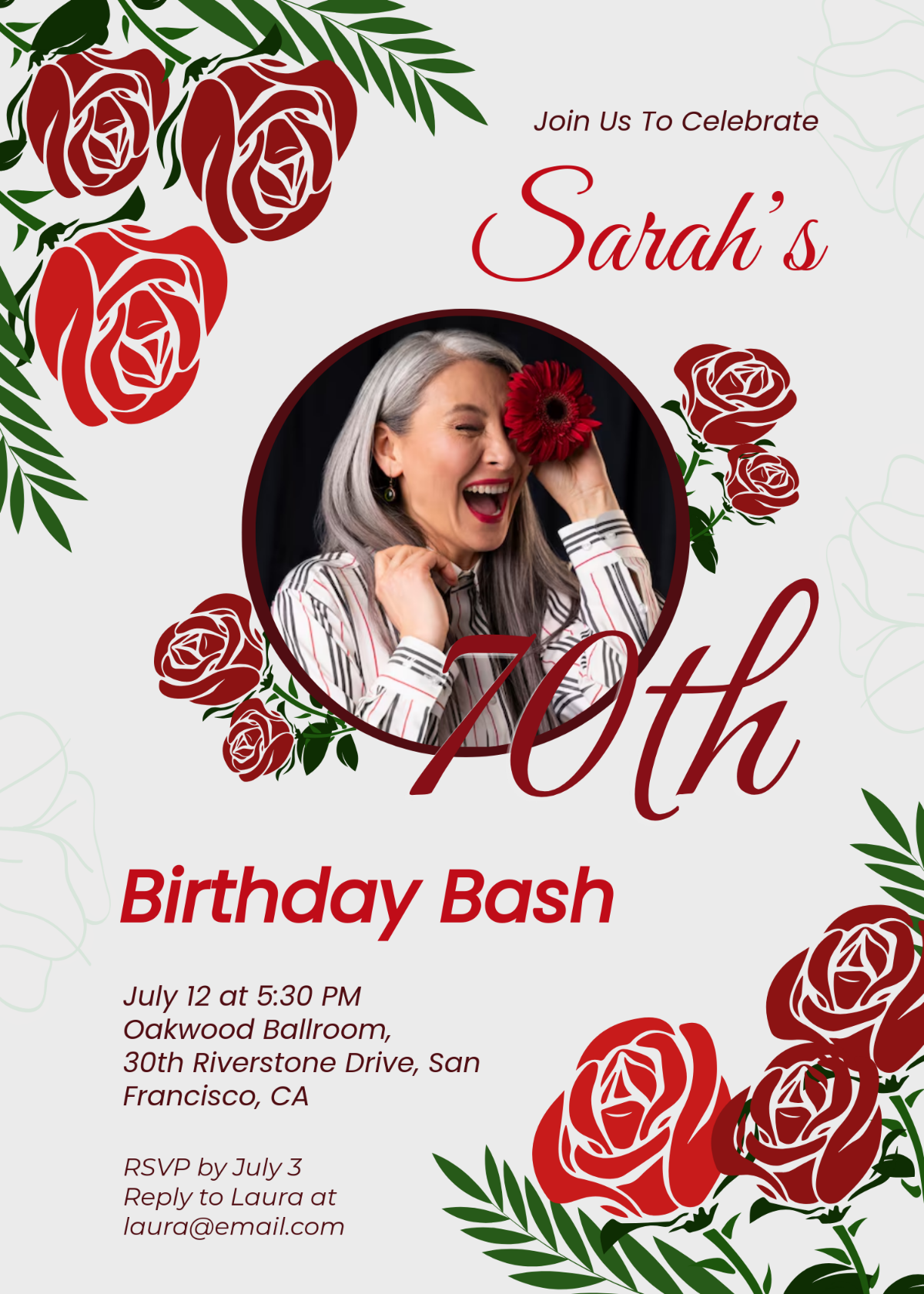 Free Rose Red Flower 70th Birthday Invitation Template