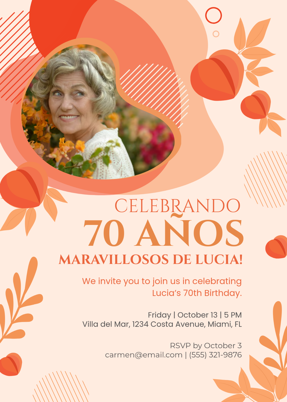 Free Peach Spanish 70th Birthday Invitation Template