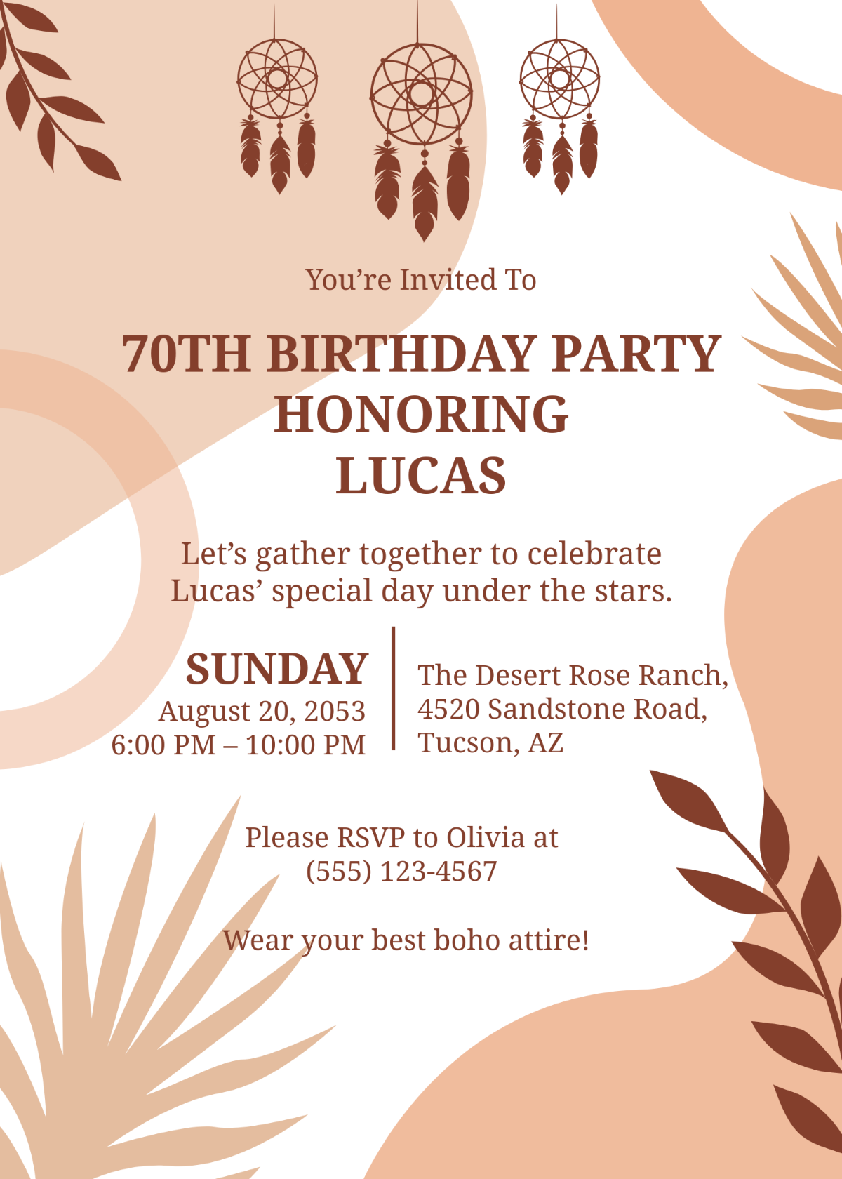 Free Desert Boho 70th Birthday Invitation Template