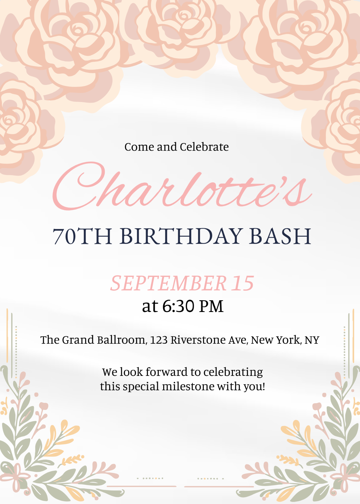 Free Editable Blush 70th Birthday Invitation Template