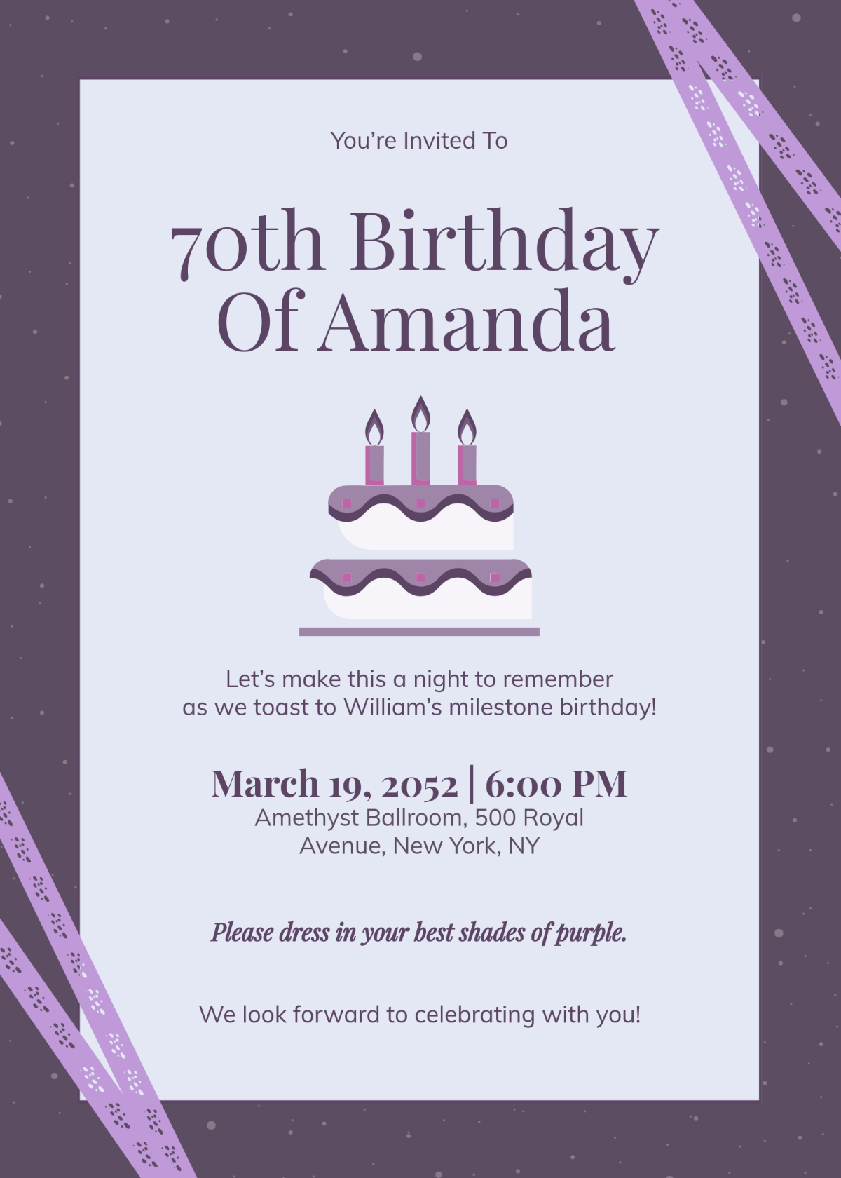 Free Purple 70th Birthday Invitation Template for Women