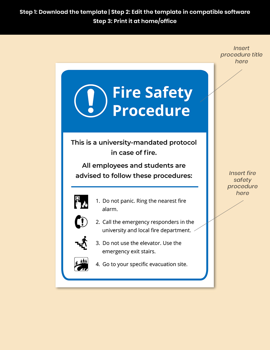 University Fire Procedure Sign Template