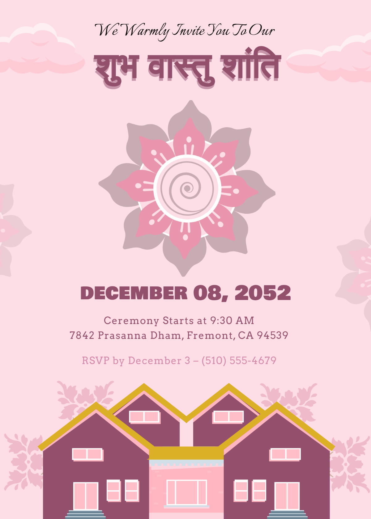 Free Pink Vastu Shanti Housewarming Invitation Template