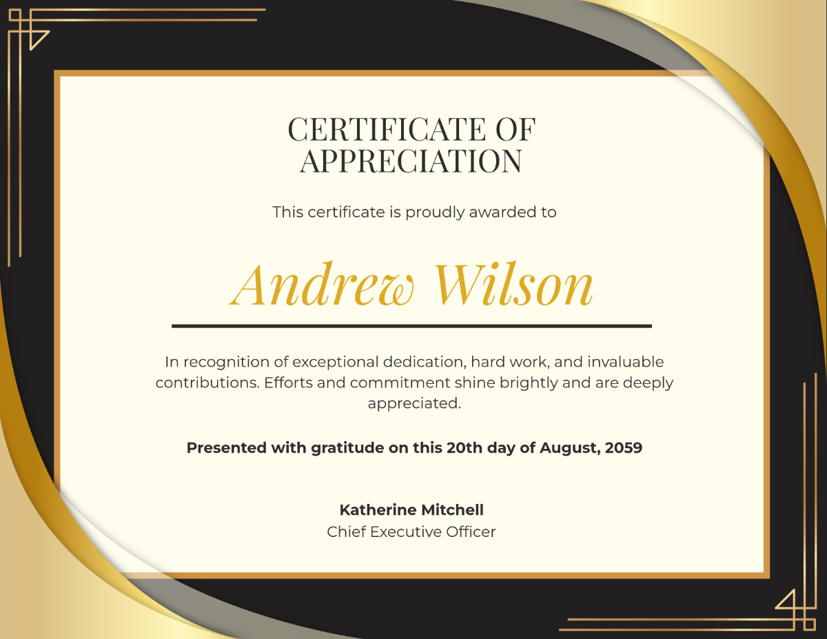 Free Golden Appreciation Certificate Design Template