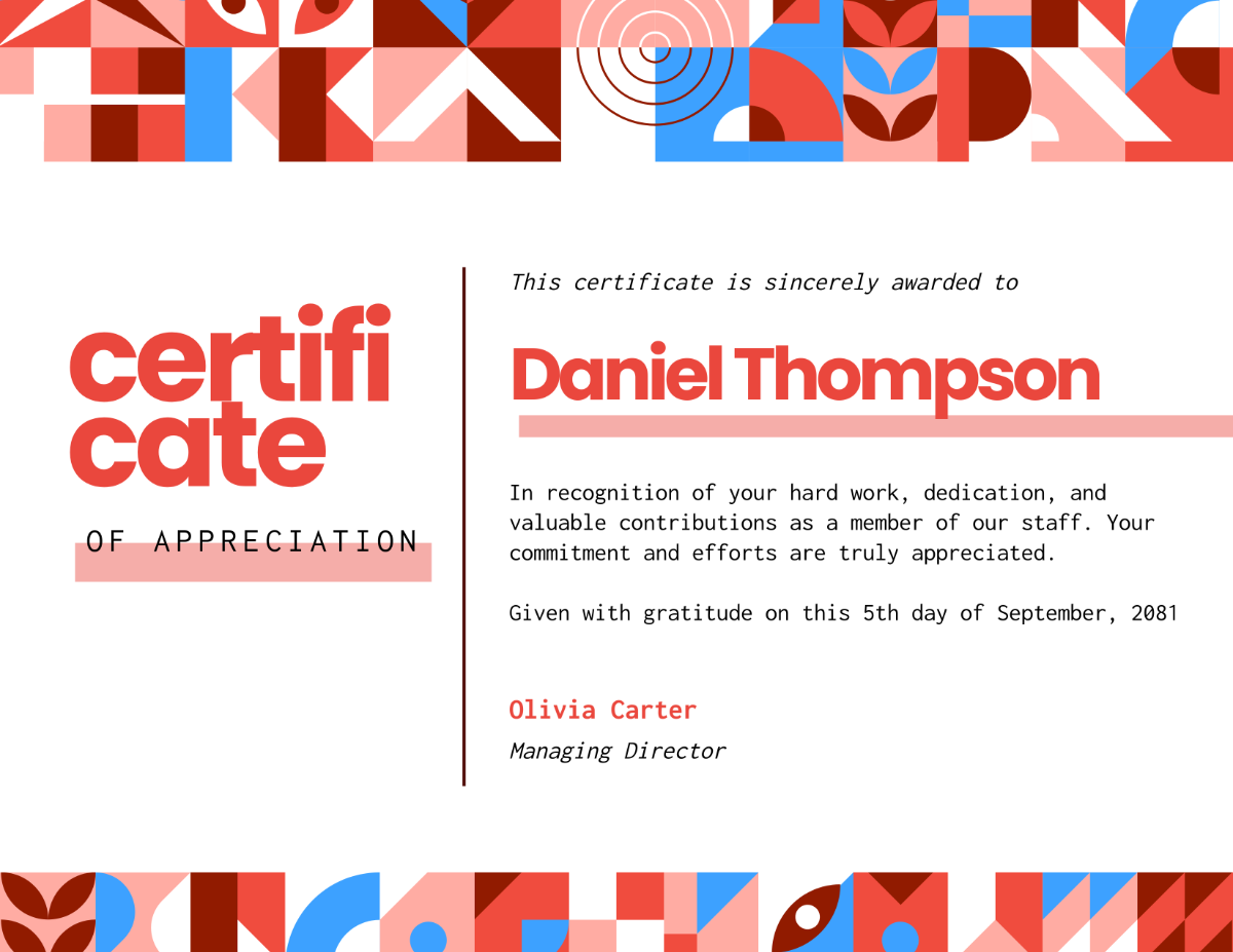 Free Creative Staff Appreciation Certificate Template