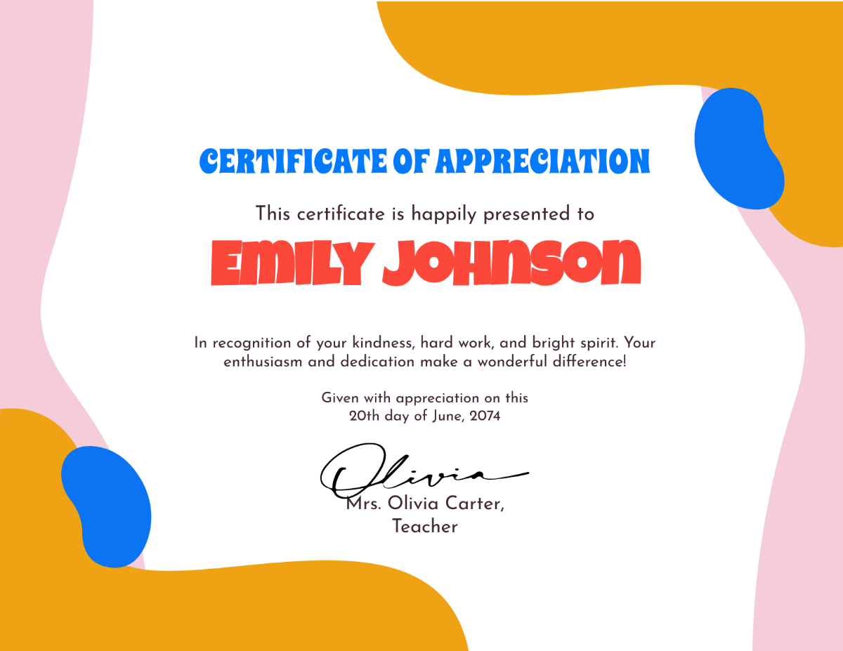 Free Colorful Appreciation Certificate for Kids Template