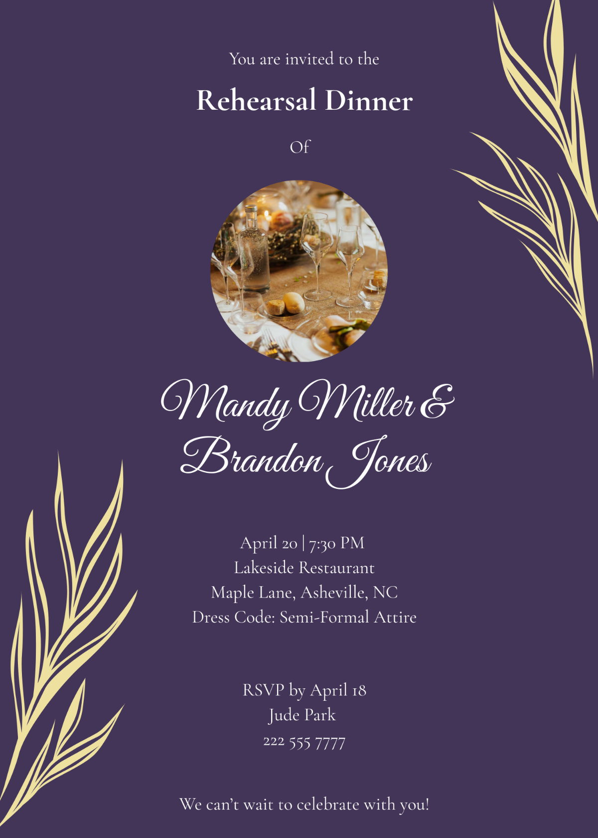 Rehearsal Dinner Invitation Template with Dress Code - Edit Online & Download