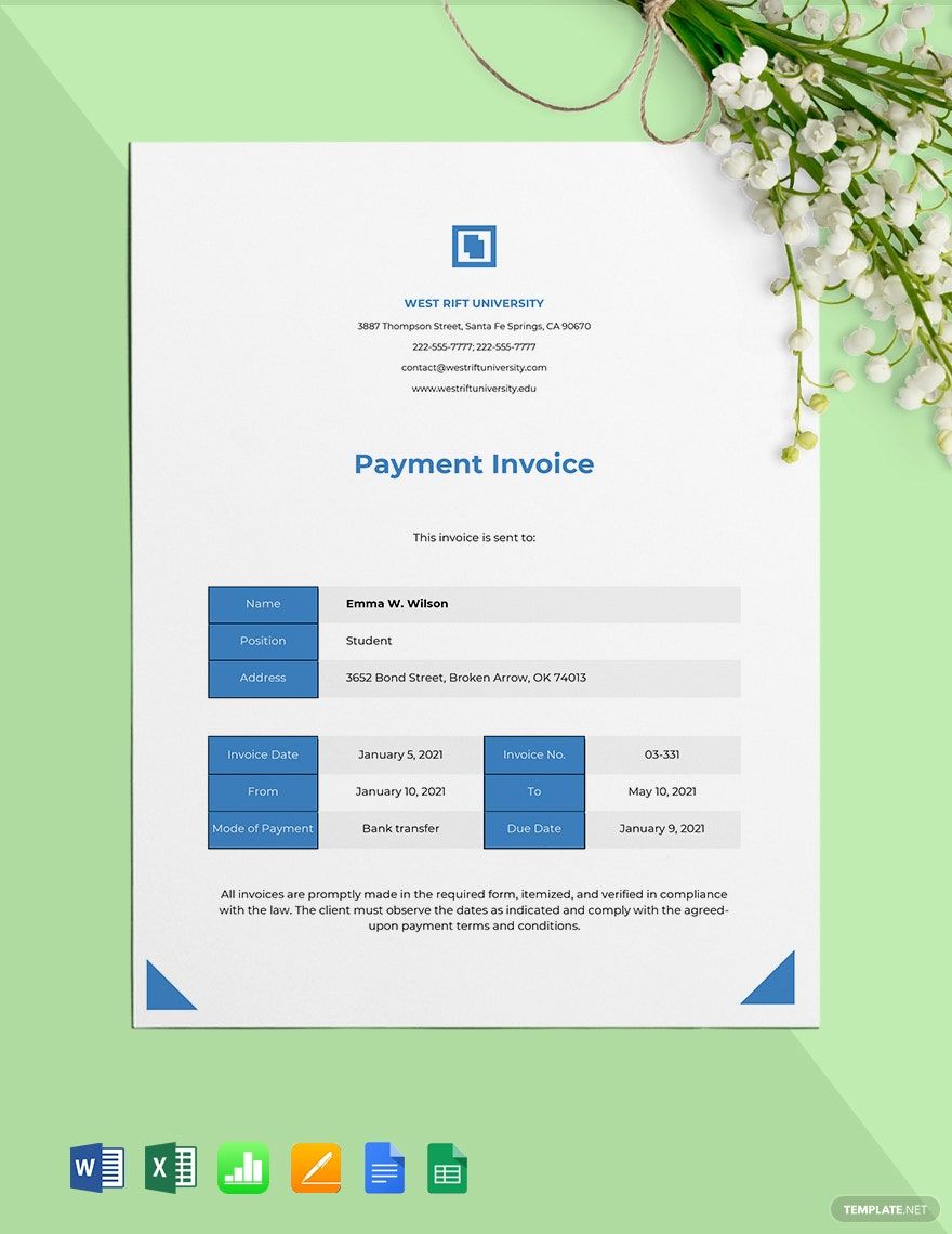 University Payment Invoice Template in Google Sheets, Google Docs, Word, Excel, PDF - Download | Template.net