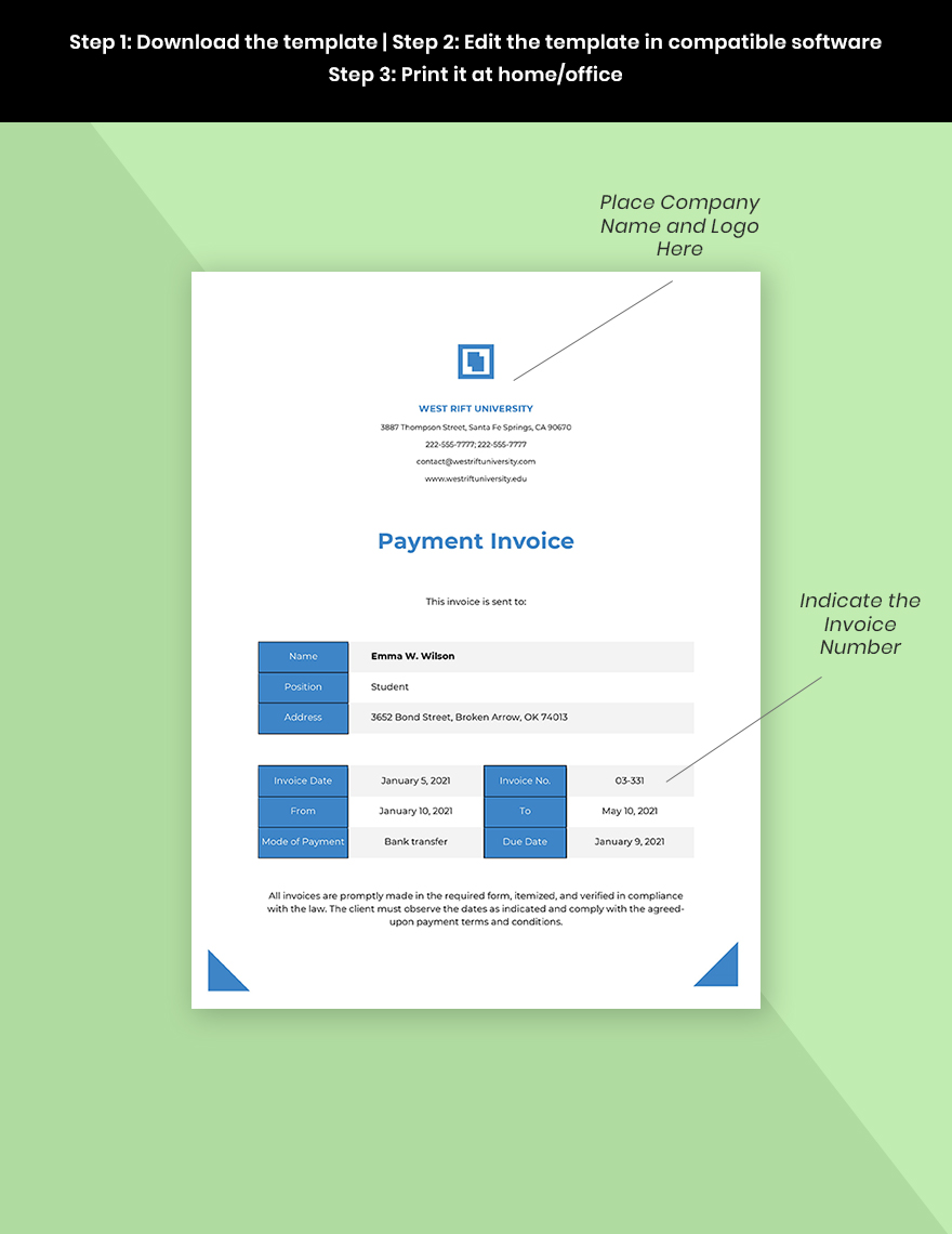 University Payment Invoice Template