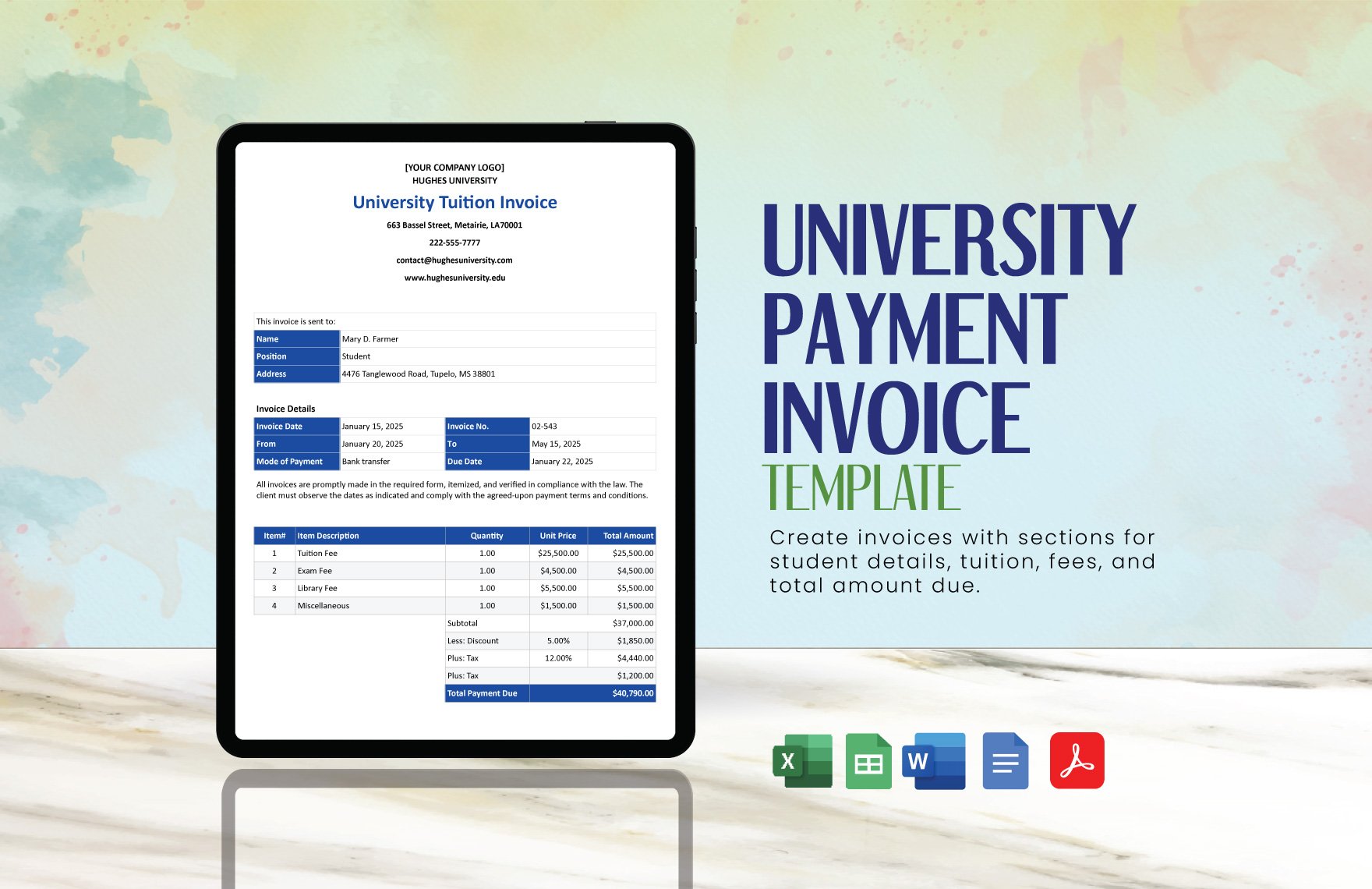 University Payment Invoice Template in Word, Google Docs, Excel, PDF, Google Sheets