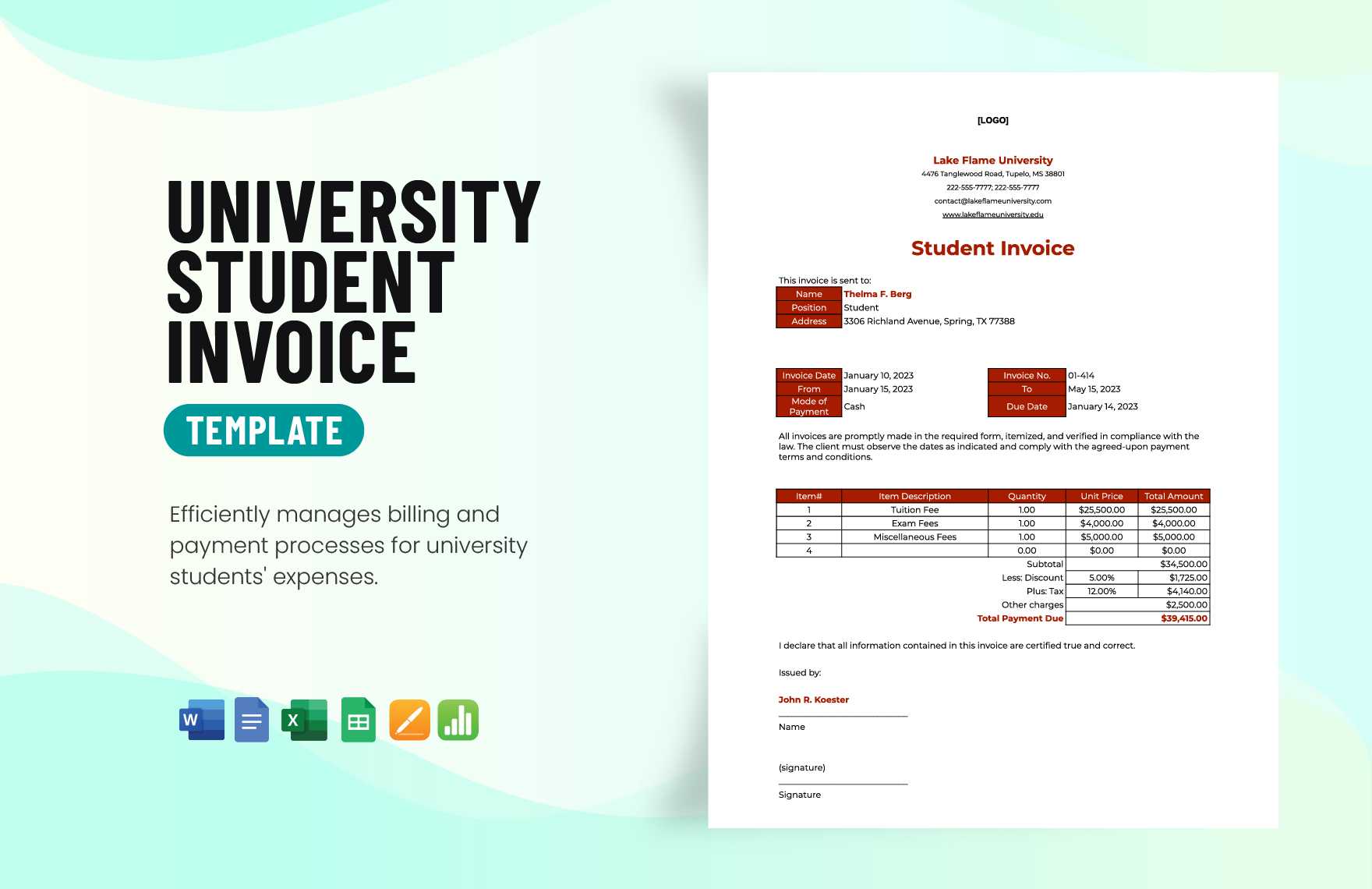 University Student Invoice Template in Word, Google Docs, Excel, Google Sheets, Apple Pages, Apple Numbers
