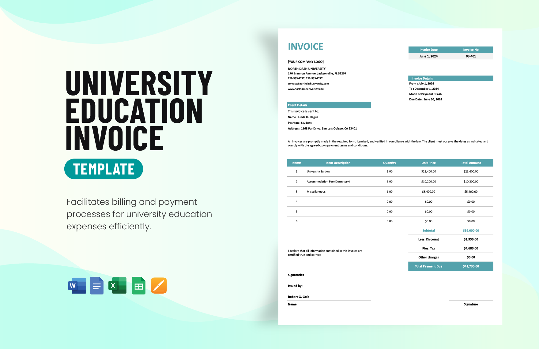 University Education Invoice Template in Word, Google Docs, Excel, Google Sheets, Apple Pages