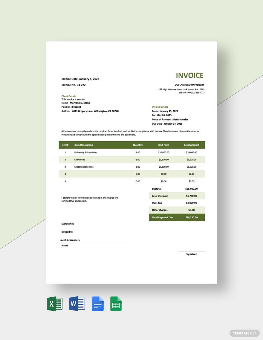 University Fees Invoice Template