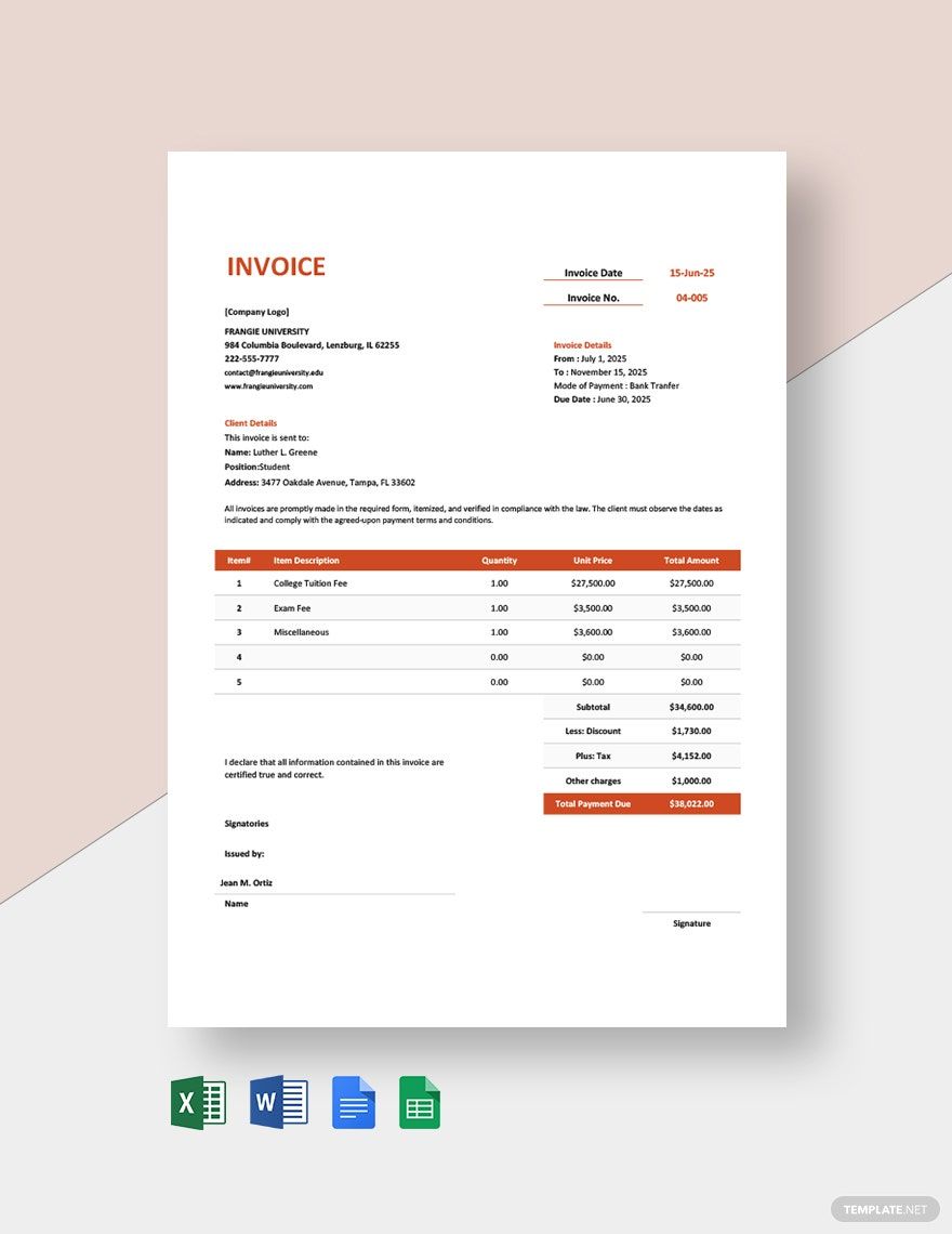 College Tuition Invoice Template