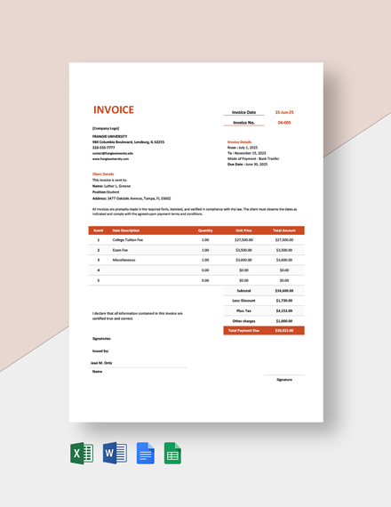 school tuition invoice template word excel google