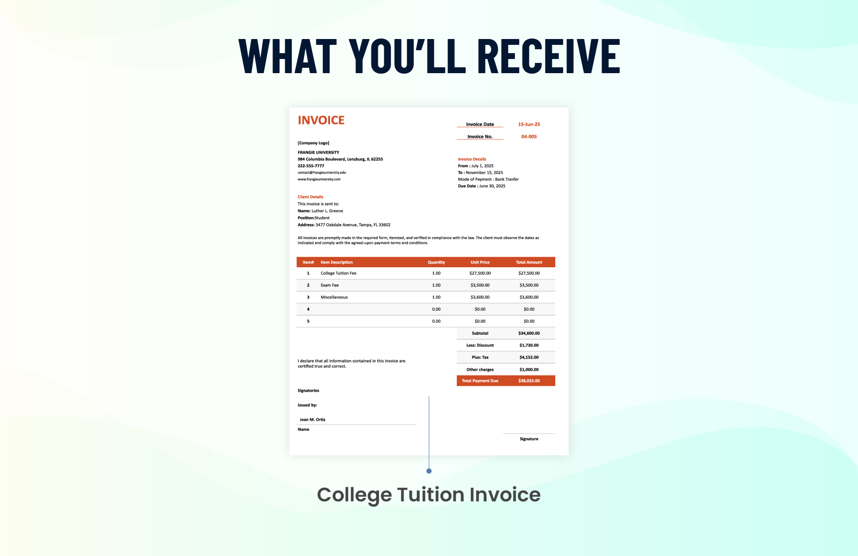 College Tuition Invoice Template