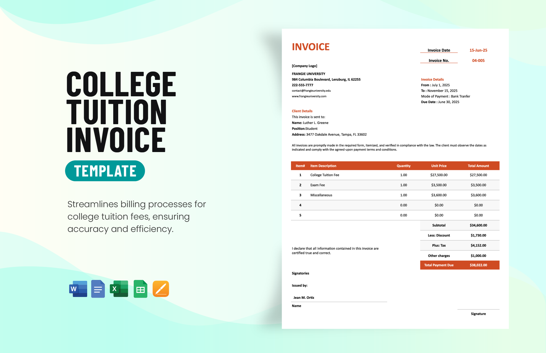 College Tuition Invoice Template in Word, Google Docs, Excel, Google Sheets, Apple Pages