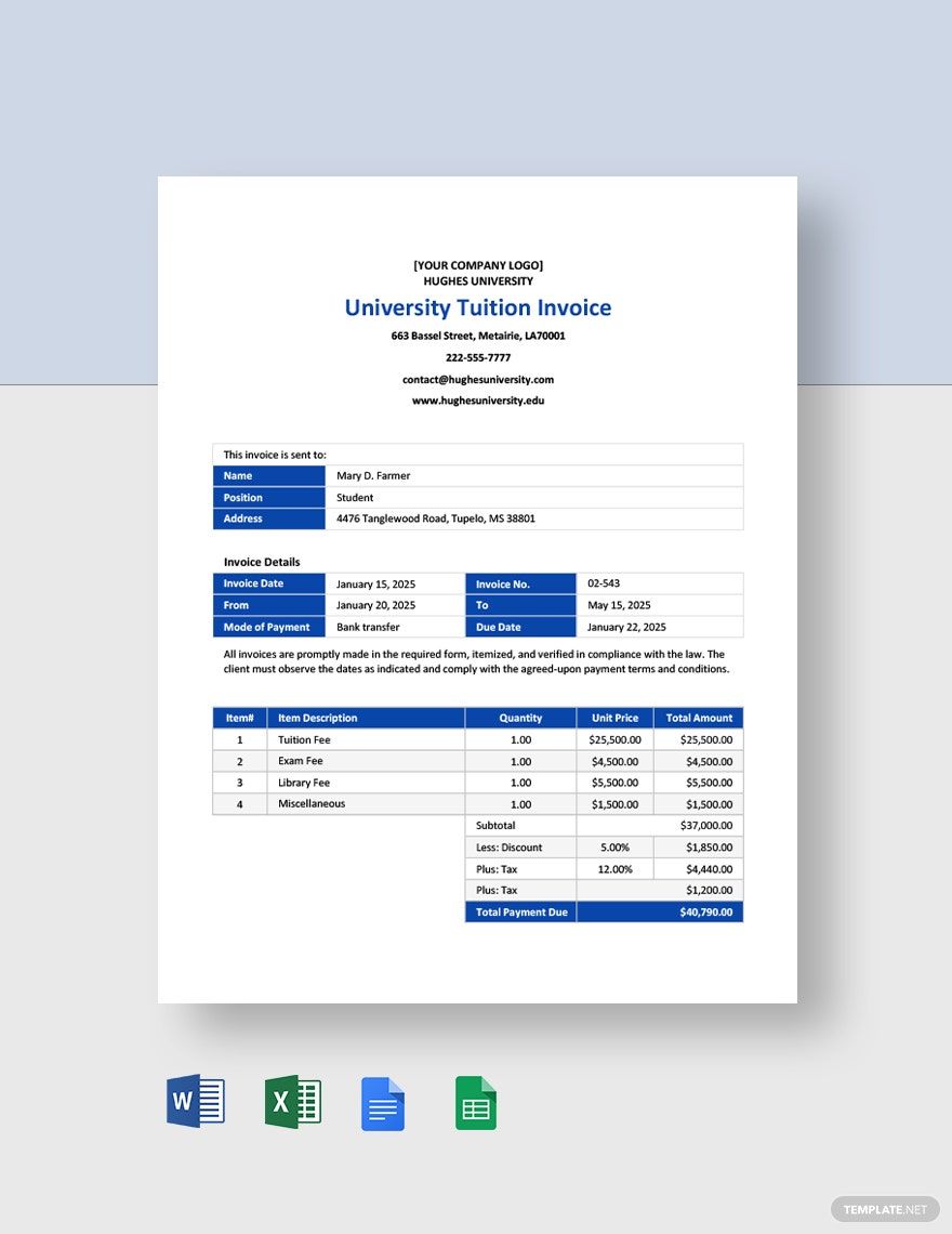 University Tuition Invoice Template in Google Docs, Google Sheets, Excel, Word, Pages - Download | Template.net