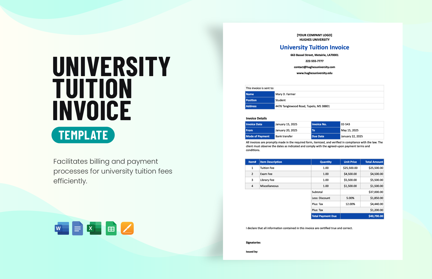 University Tuition Invoice Template in Word, Google Docs, Excel, Google Sheets, Apple Pages