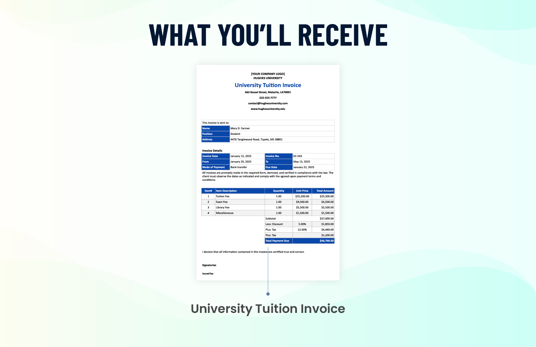 University Tuition Invoice Template