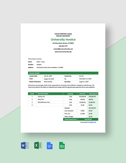 Blank University Invoice Template [Free PDF] - Word | Excel | Google ...