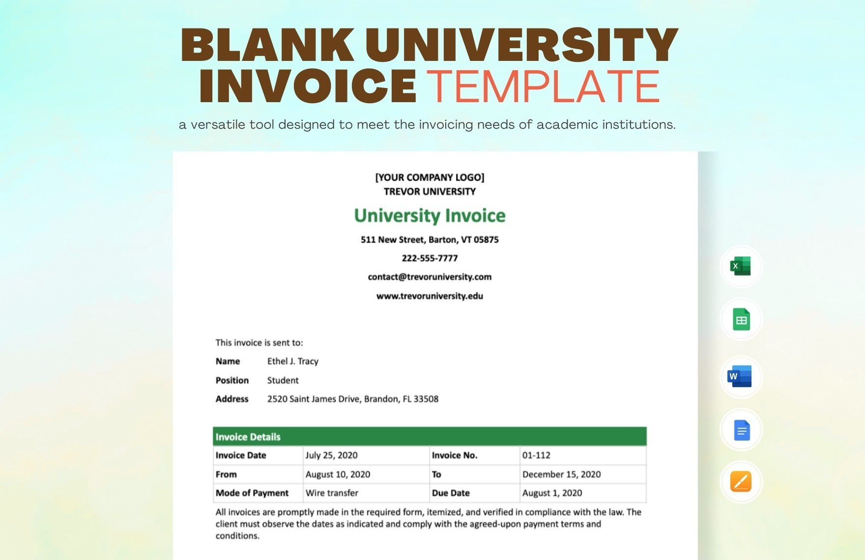 Free Blank University Invoice Template in Word, Google Docs, Excel, Google Sheets, Apple Pages