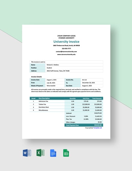 free simple university invoice template  word doc  excel