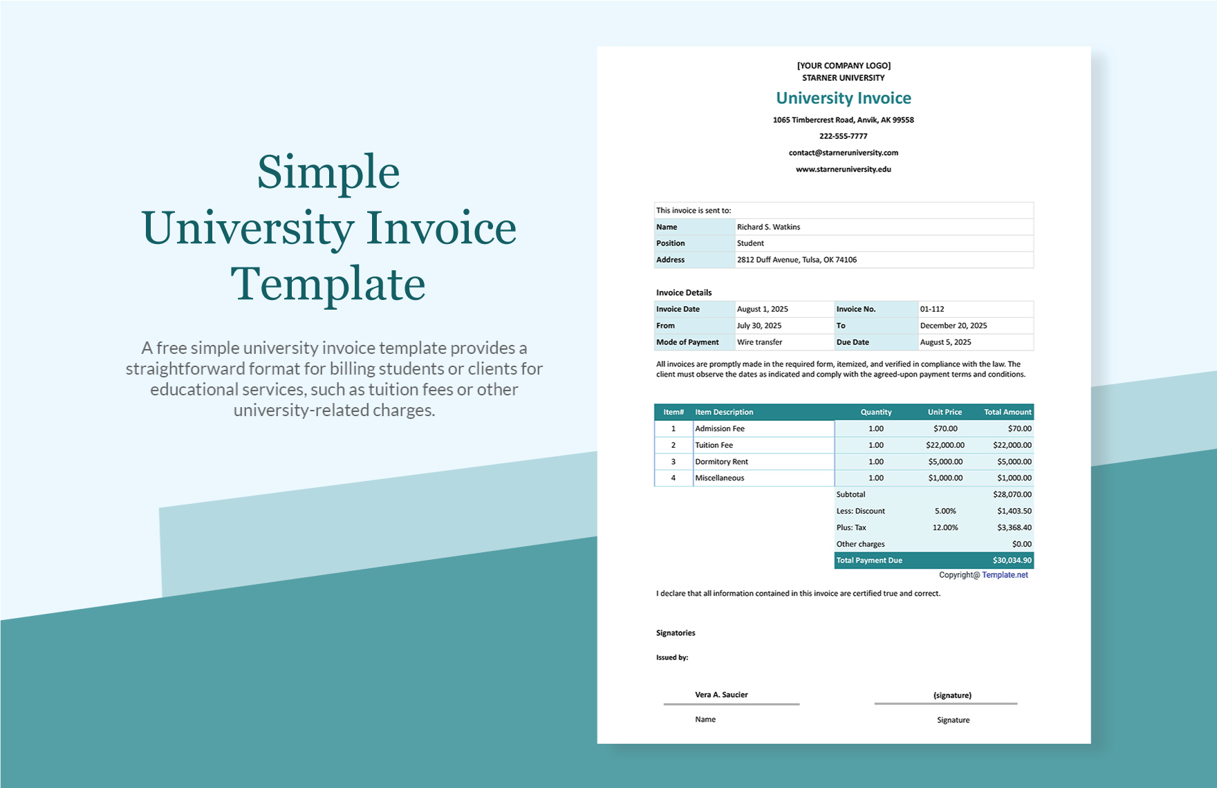 Free Simple University Invoice Template