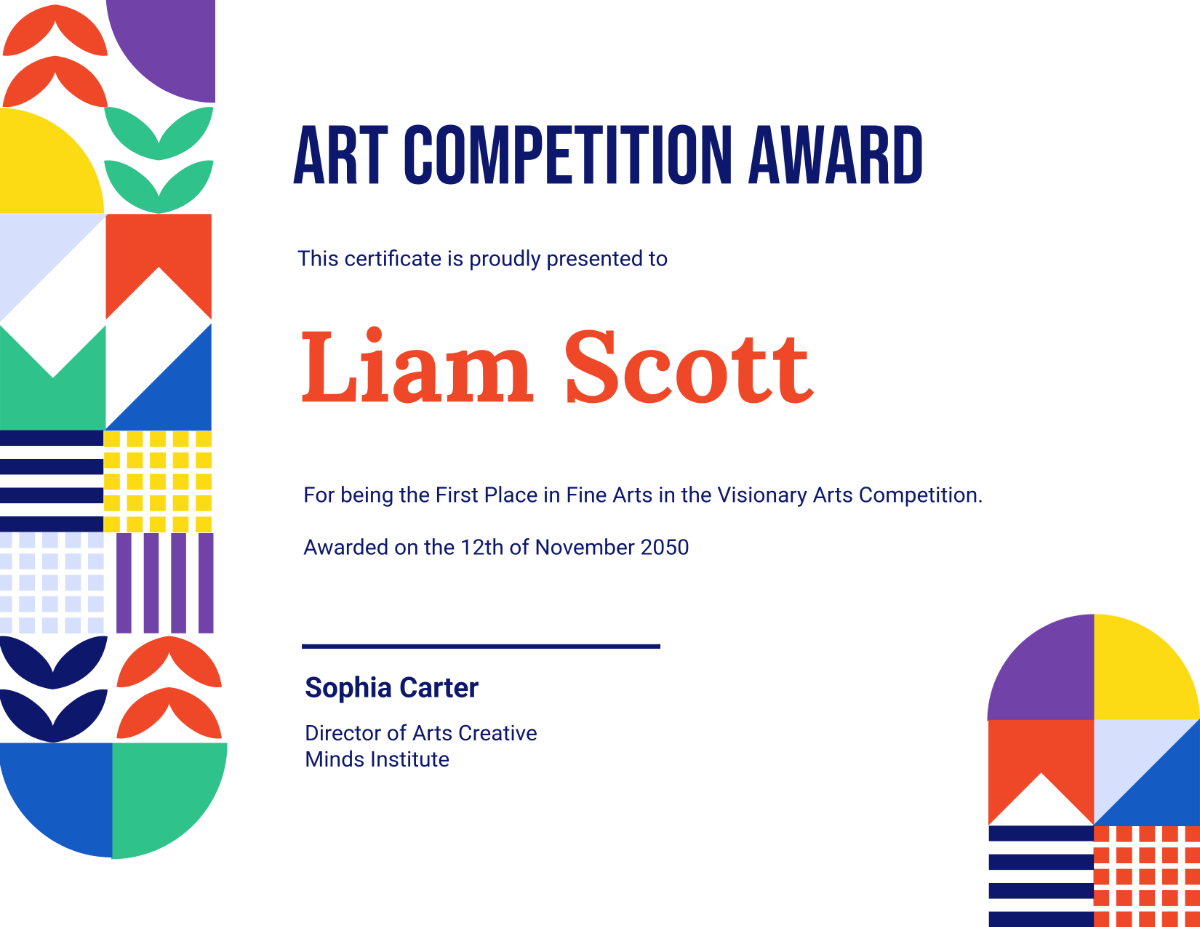 Free Colorful Art Competition Award Certificate Template