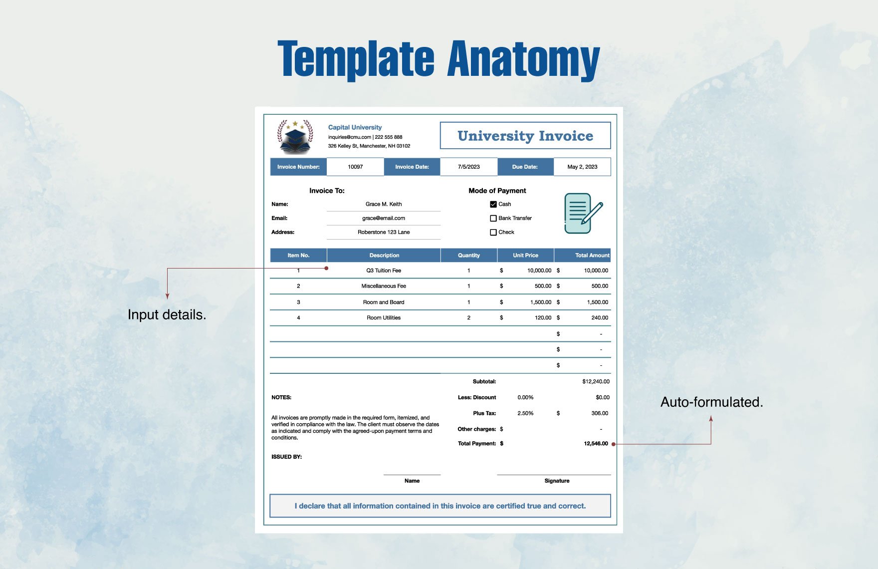 University Invoice Format Template