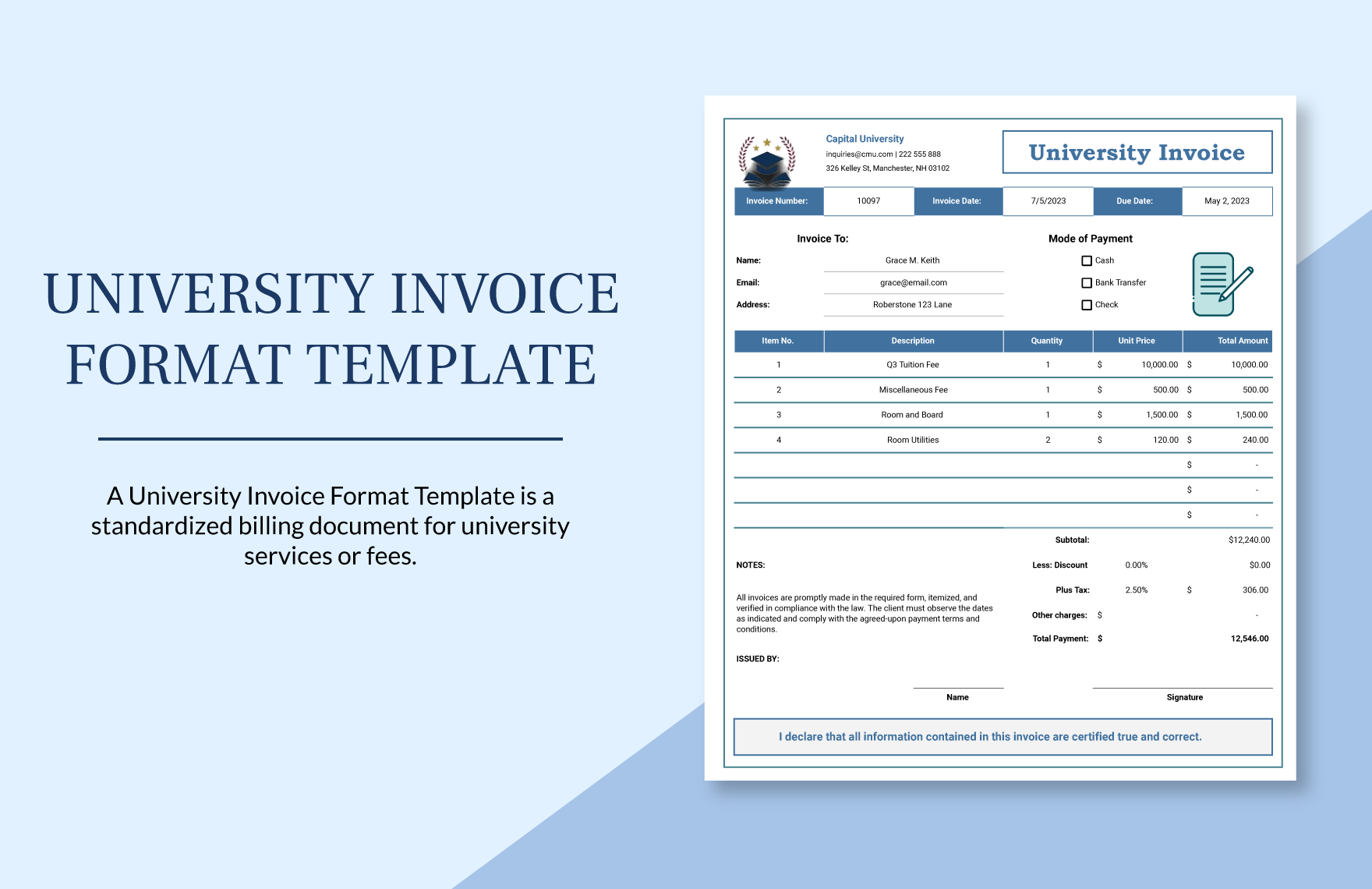 University Invoice Format Template