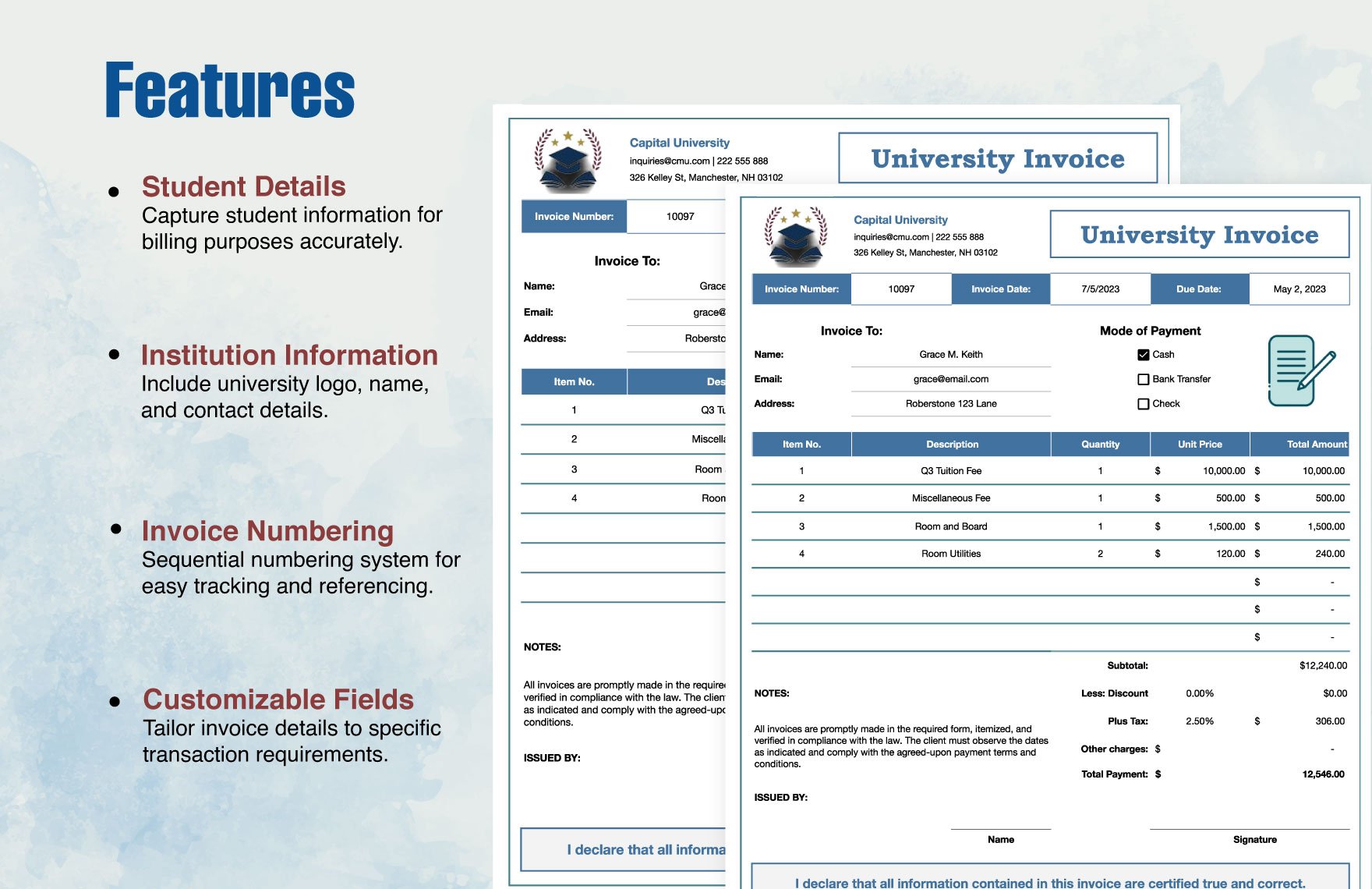 University Invoice Format Template