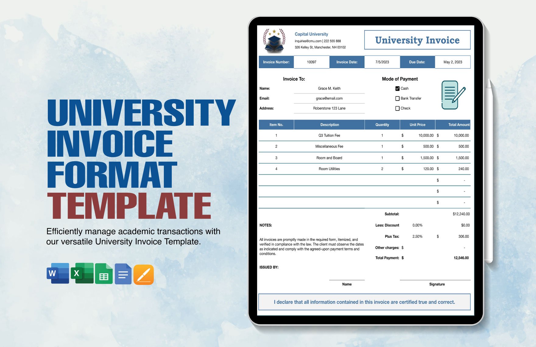 University Invoice Format Template in Word, Google Docs, Excel, Google Sheets, Apple Pages