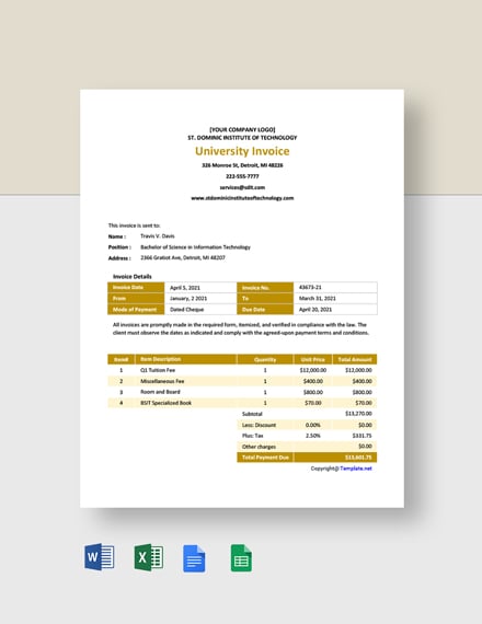 sample university invoice template  word doc  excel