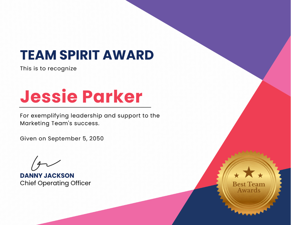 Team Spirit Award Certificate Template