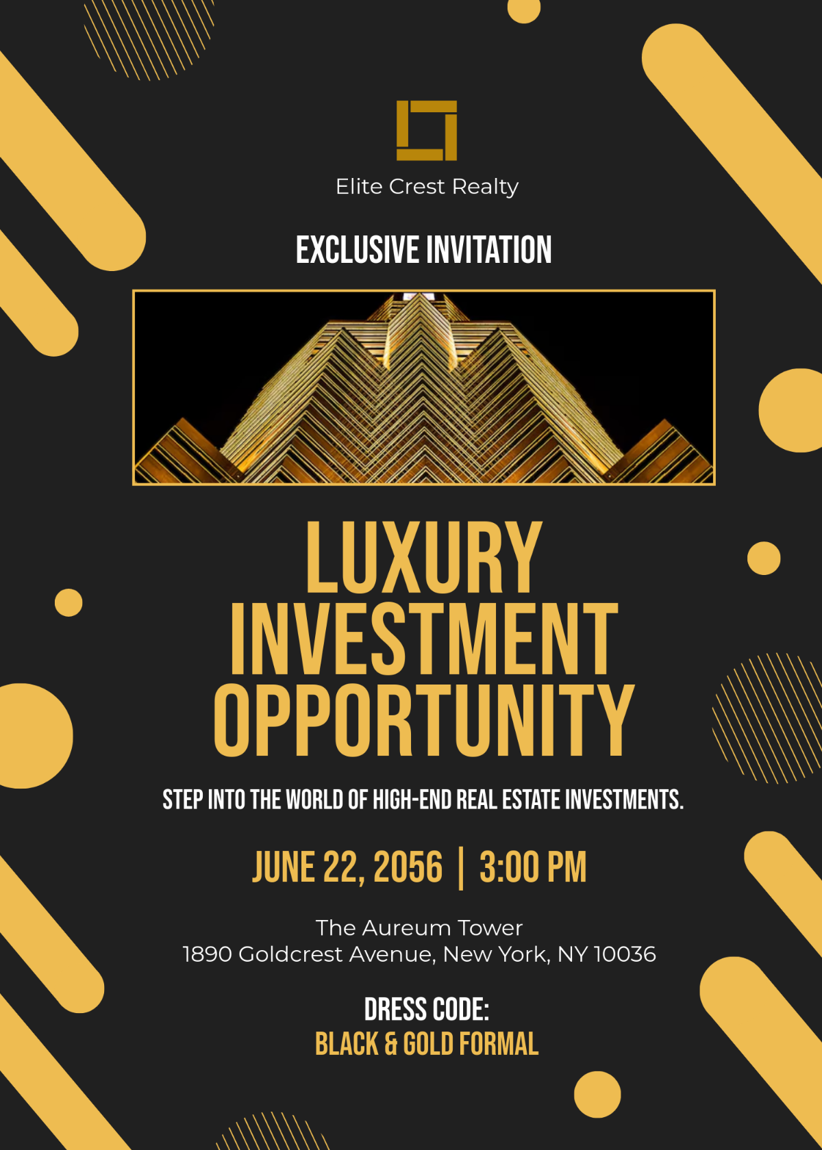 Free Black and Gold Real Estate Investment Invitation Card Template