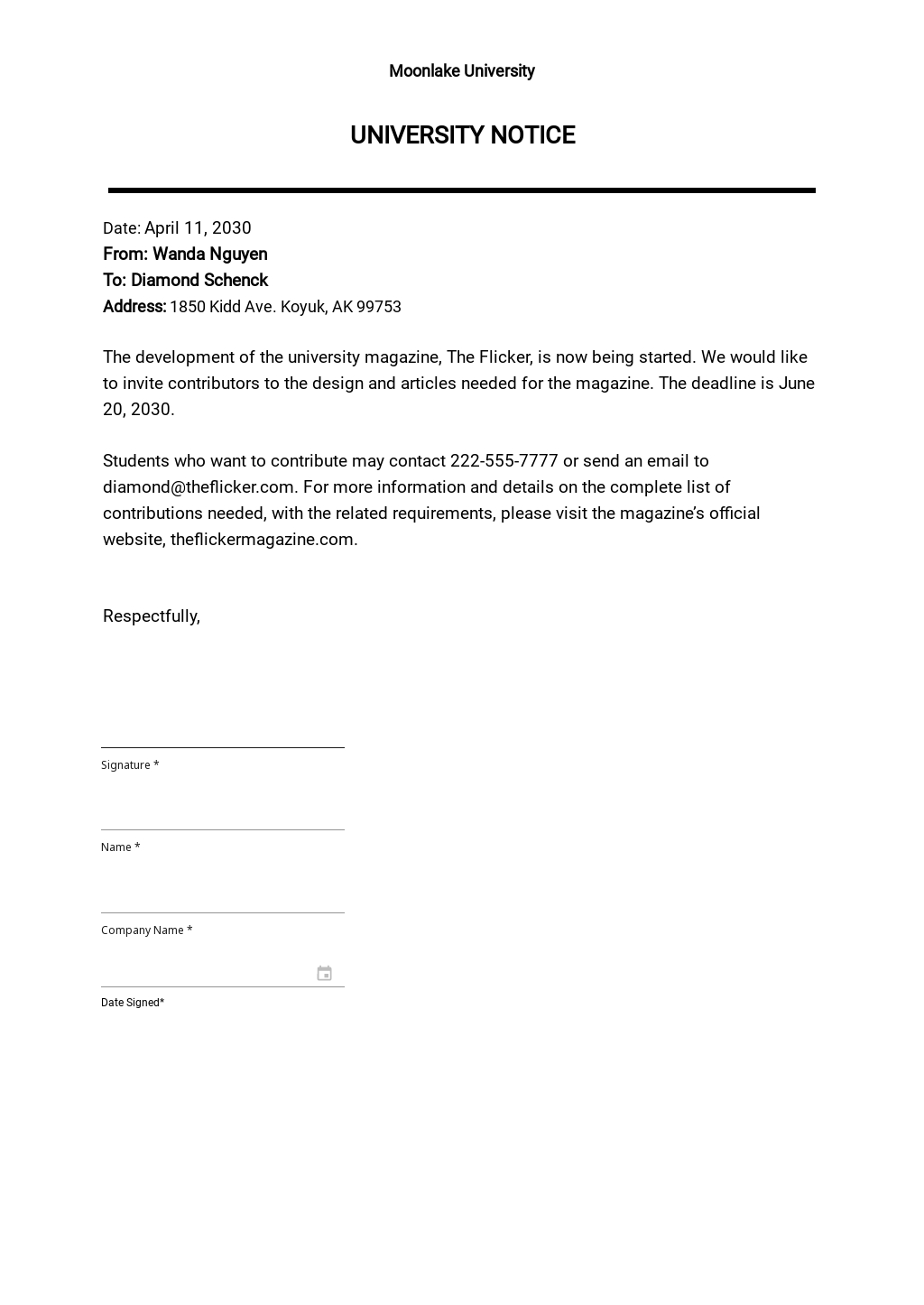 assignment notice letter