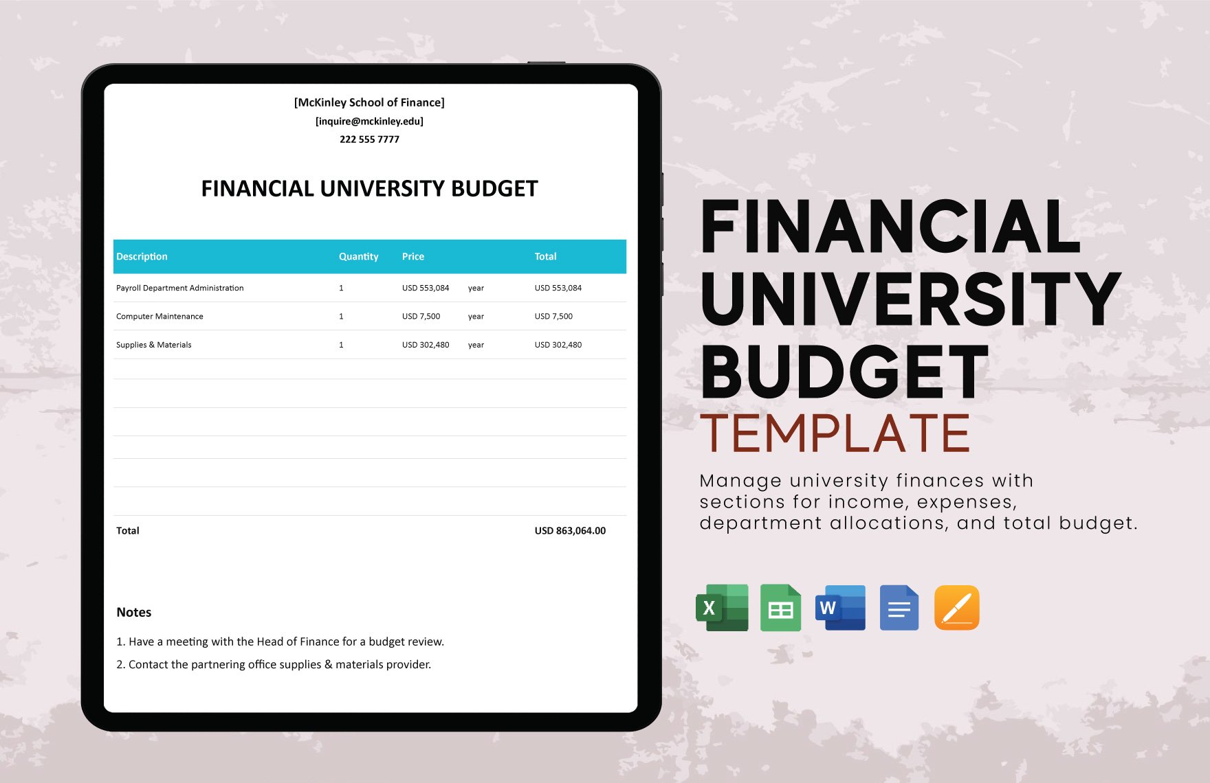 Financial University Budget Template in Word, Google Docs, Excel, Google Sheets, Apple Pages