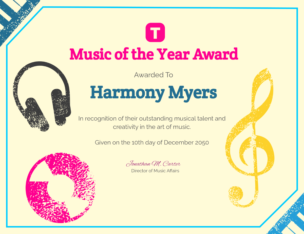 Free Music of the Year Award Certificate Template