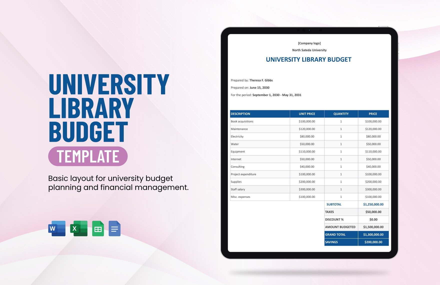 Free University Library Budget Template in Word, Google Docs, Excel, Google Sheets