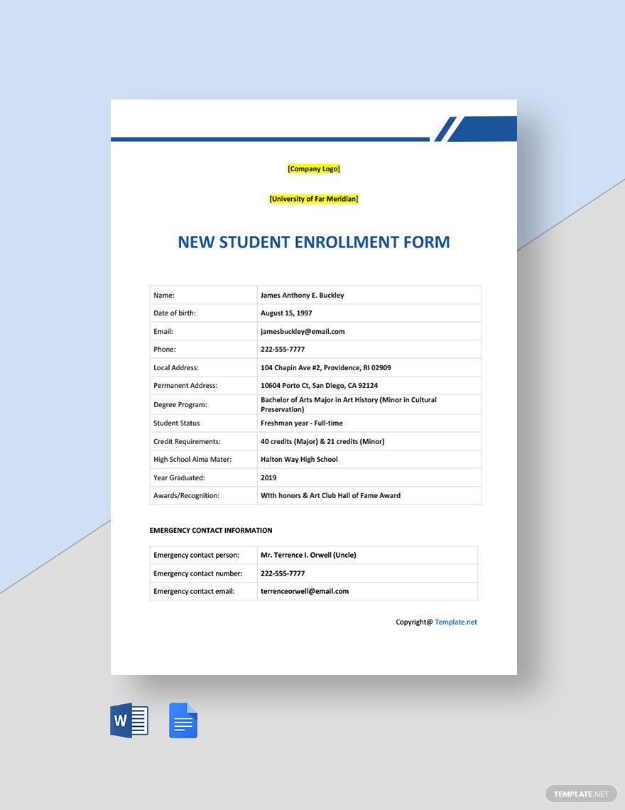 New Student Enrollment Form Template