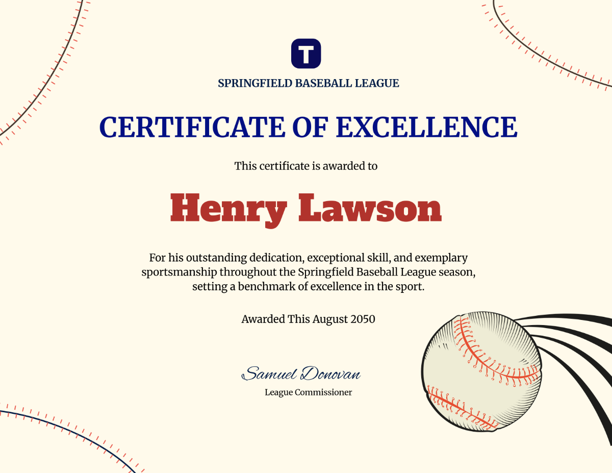 Free Professional Certificate of Excellence in Baseball Template