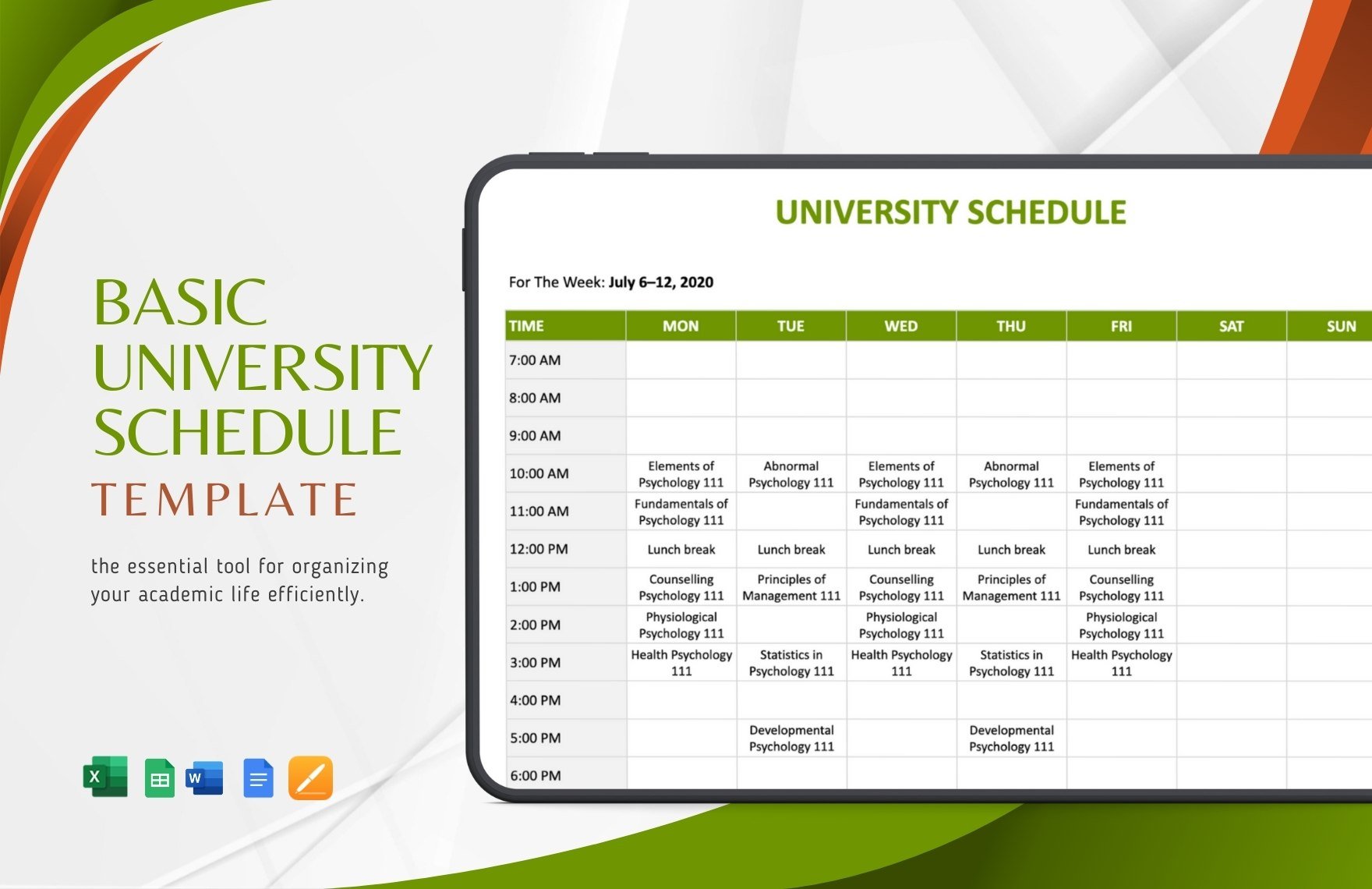 Basic University Schedule Template in Word, Google Docs, Excel, Google Sheets, Apple Pages