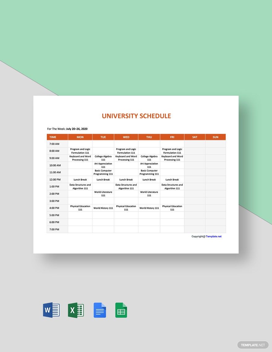 Free Blank University Schedule Template