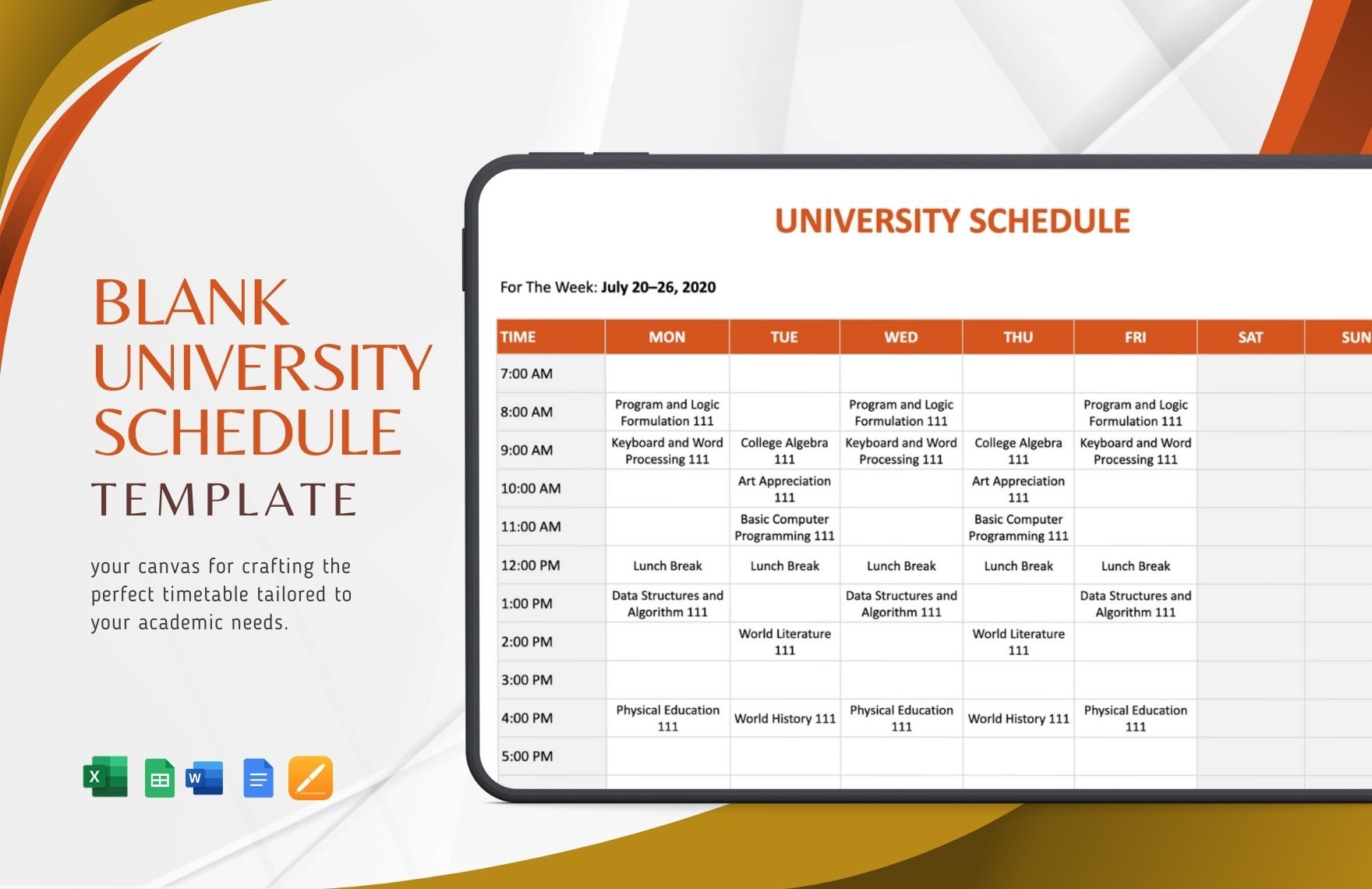 Blank University Schedule Template in Word, Google Docs, Excel, Google Sheets, Apple Pages