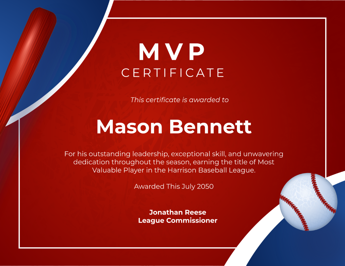 Free Blue and Red Baseball MVP Certificate Template